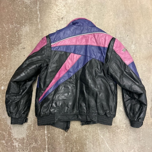 Vintage angora parchwork Racing genuine Leather Jacket - Picture 9 of 11